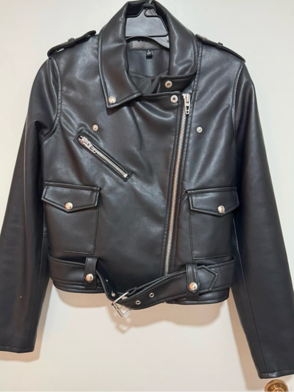 Blank NYC black leather jacket with belt, size L